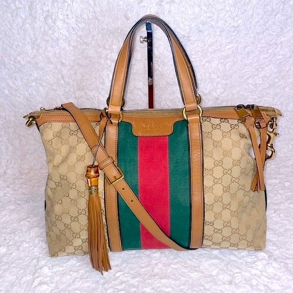 Gucci Rania Monogram GG Web Convertible Satchel Tote Crossbody Bag in Khaki - Picture 1 of 17